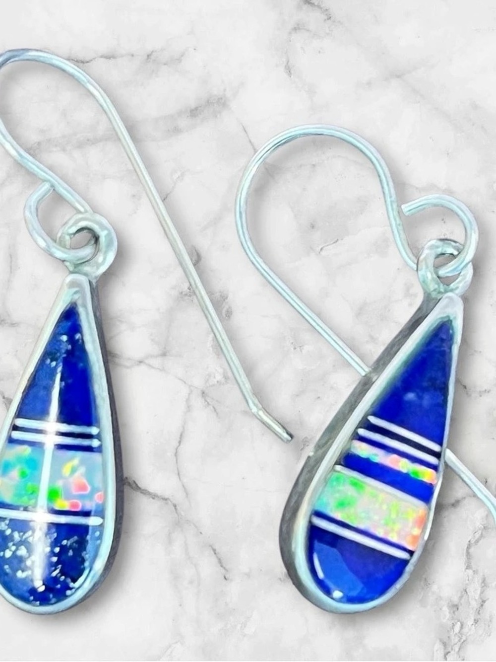 Navajo Rick Tolino Lapis and Fire Opal, Sterling Silver Teardrop Inlay Earrings